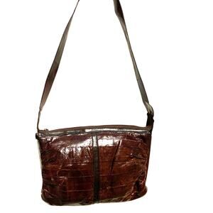 GENUINE EEL SKIN 70's Over shoulder Purse Mahogany/Brown Zipper 13X8.5" 1" Strap
